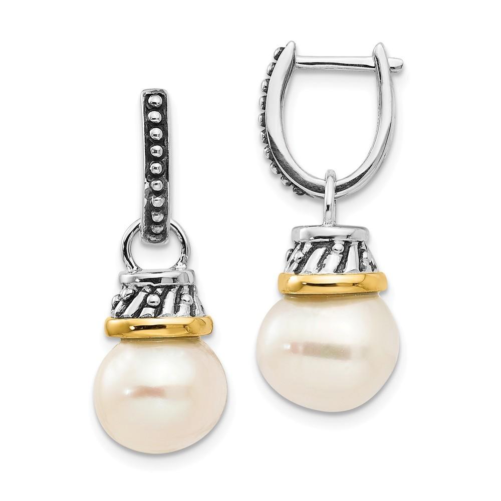 Jewelryweb Sterling Silver With 14k 10mm Freshwater Cultured Pearl Dangle Earrings - Measures 30x10mm Wide