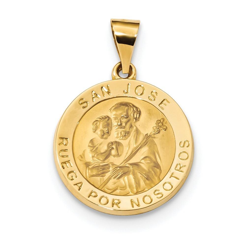 Jewelryweb 18.7mm 14k Polished and Satin Hollow Spanish St. Joseph Medal Pendant
