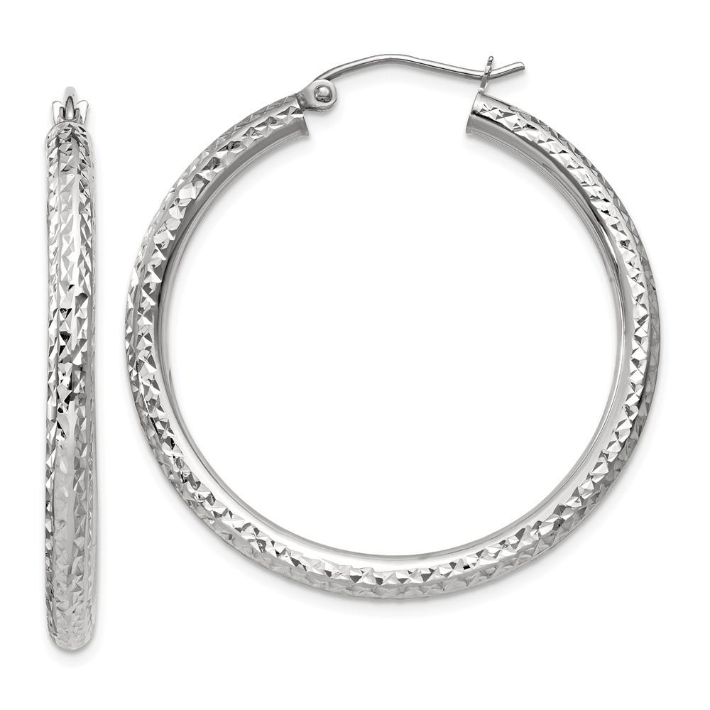 Jewelryweb 10k White Gold Sparkle-Cut 3mm Round Hoop Earrings - Measures 30x35.86mm Wide 3mm Thick