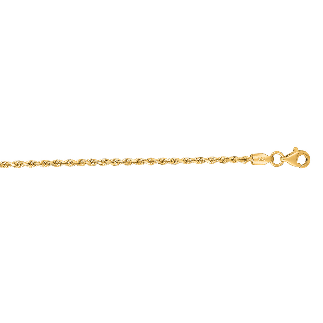 Jewelryweb 14k Yellow Gold 2.0mm Shiny Solid Sparkle-Cut Rope Chain With Lobster Clasp Necklace - 24 Inch