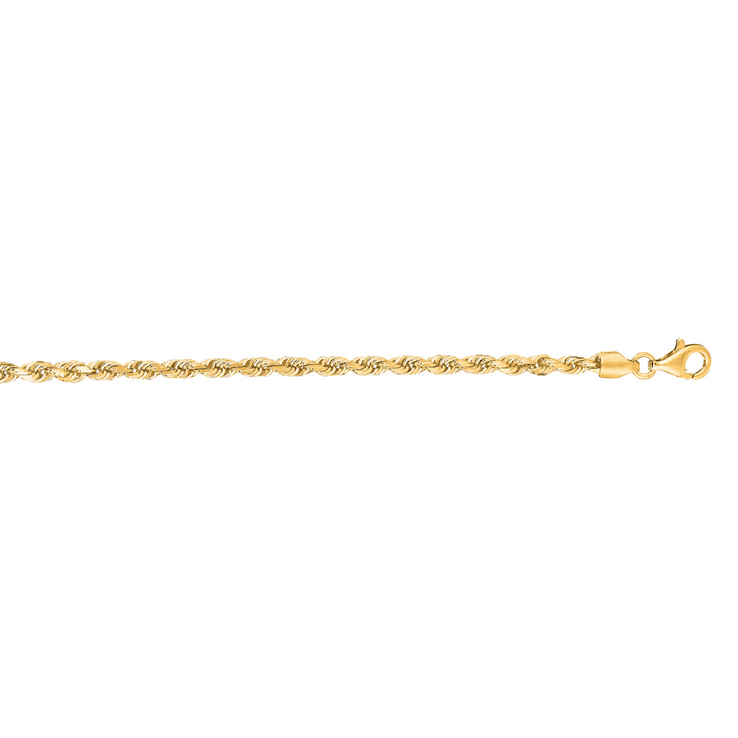 Jewelryweb 14k Yellow Gold 3.0mm Shiny Solid Sparkle-Cut Rope Chain With Lobster Clasp Bracelet - 8 Inch