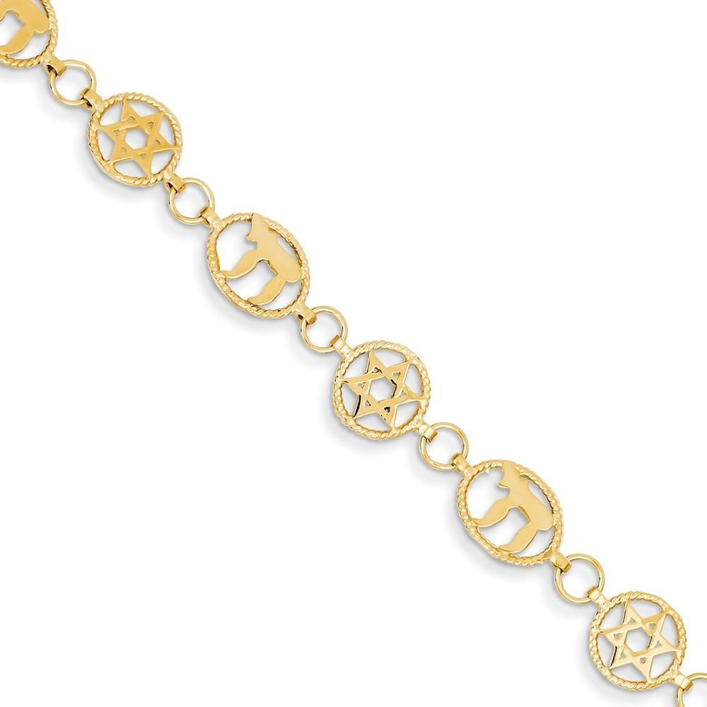 Jewelryweb 14k Yellow Gold 8 Inch Solid Polished Star of David and Chai Bracelet - Lobster Claw