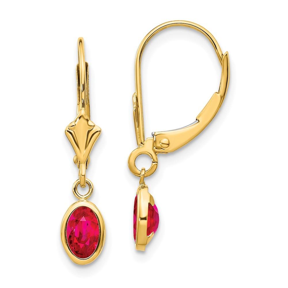 Jewelryweb 14k Yellow Gold 6x4 Oval Bezel July Birthstone Ruby Leverback Earrings - Measures 23x4mm Wide
