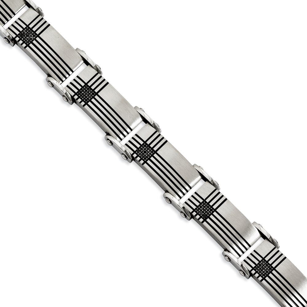 Jewelryweb Stainless Steel Black-plated and Black Diamonds 8.5inch Bracelet - Measures 10mm Wide