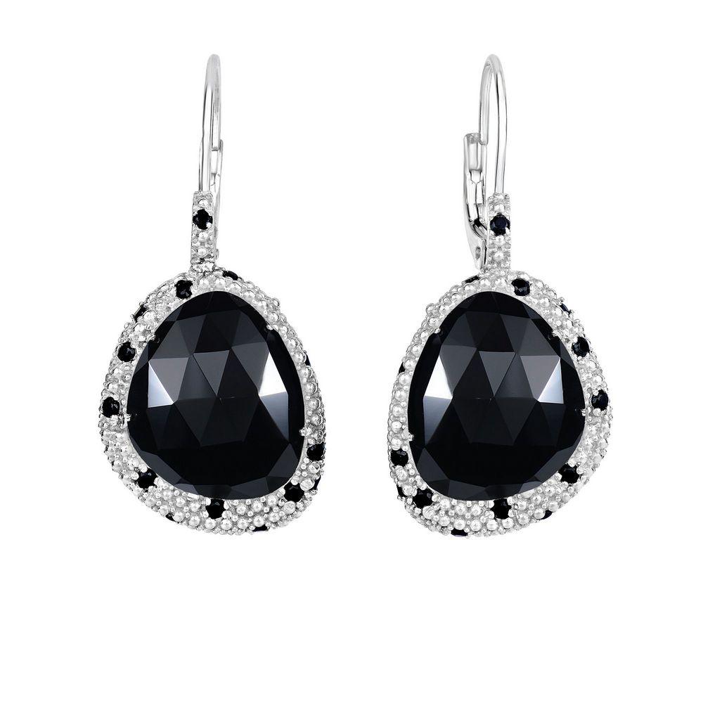 Jewelryweb Sterling Silver 15.4x13.1mm 13ct. Black Onyx 1.5mm Cut 0.6ct. Black Spinel Teardrop Earrings