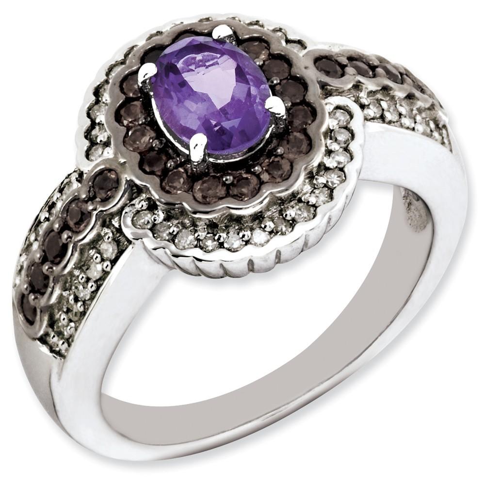 Jewelryweb Sterling Silver Amethyst and Smokey Quartz And Diamond Ring - Size 7