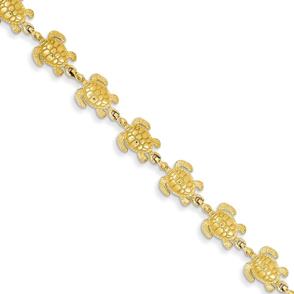 Jewelryweb 14k Yellow Gold Swimming Sea Turtle Bracelet - 7.25 Inch - Lobster Claw