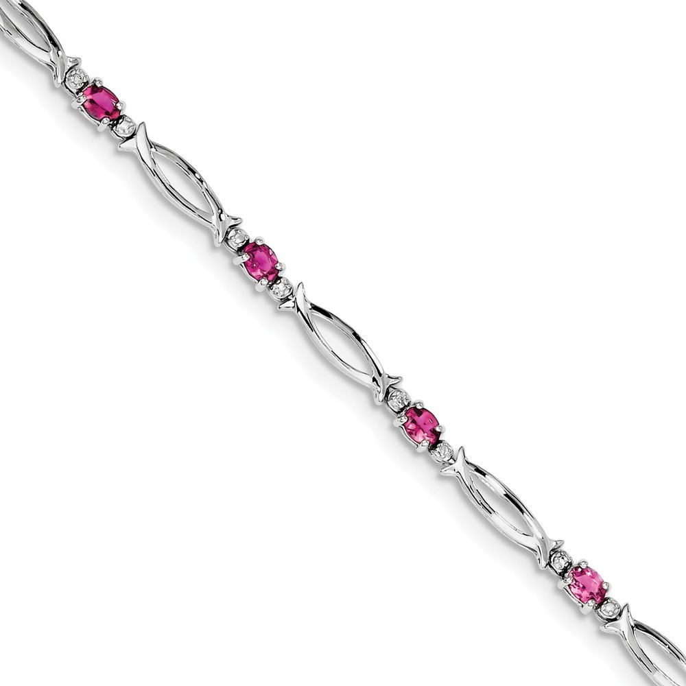 Jewelryweb Sterling Silver Pink Tourmaline and Diamond Bracelet - Measures 3mm Wide