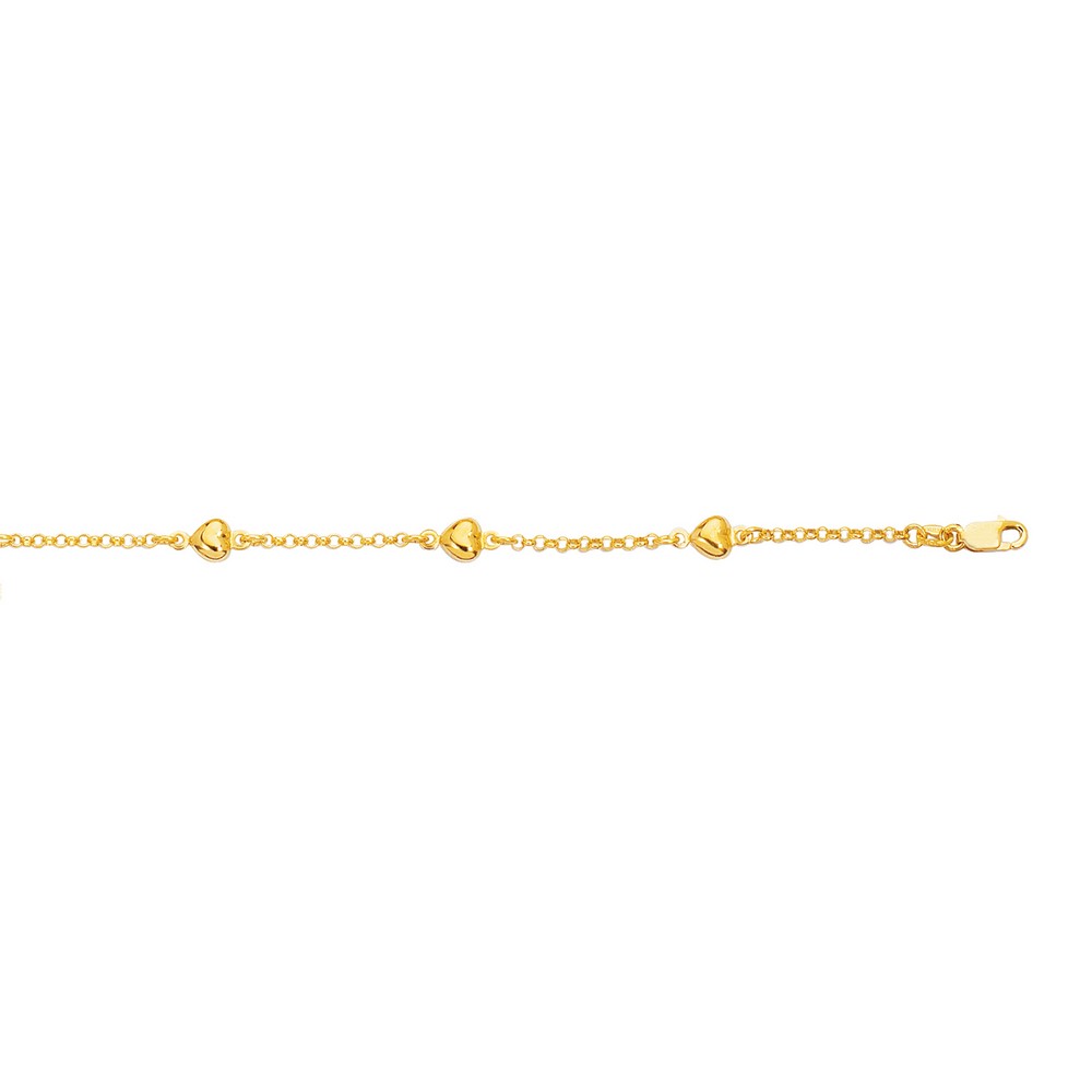 Jewelryweb 14k Yellow Gold Shiny Rolo Chain Link Puffed Heart Bracelet With Lobster Clasp - 7 Inch