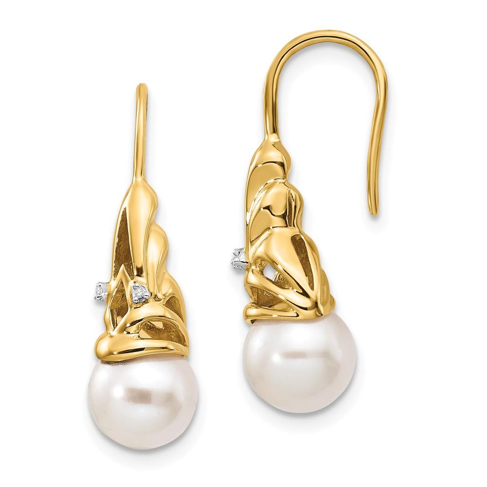 Jewelryweb 14k Yellow Gold Diamond and Freshwater Cultured Pearl Dangle Earrings