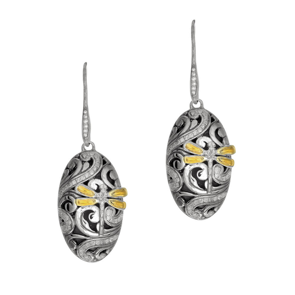 Jewelryweb Sterling Silver 18k Yellow Gold 0.54ct. Domed Oval Drop Earrings With Dragonfly French Wire Clasp