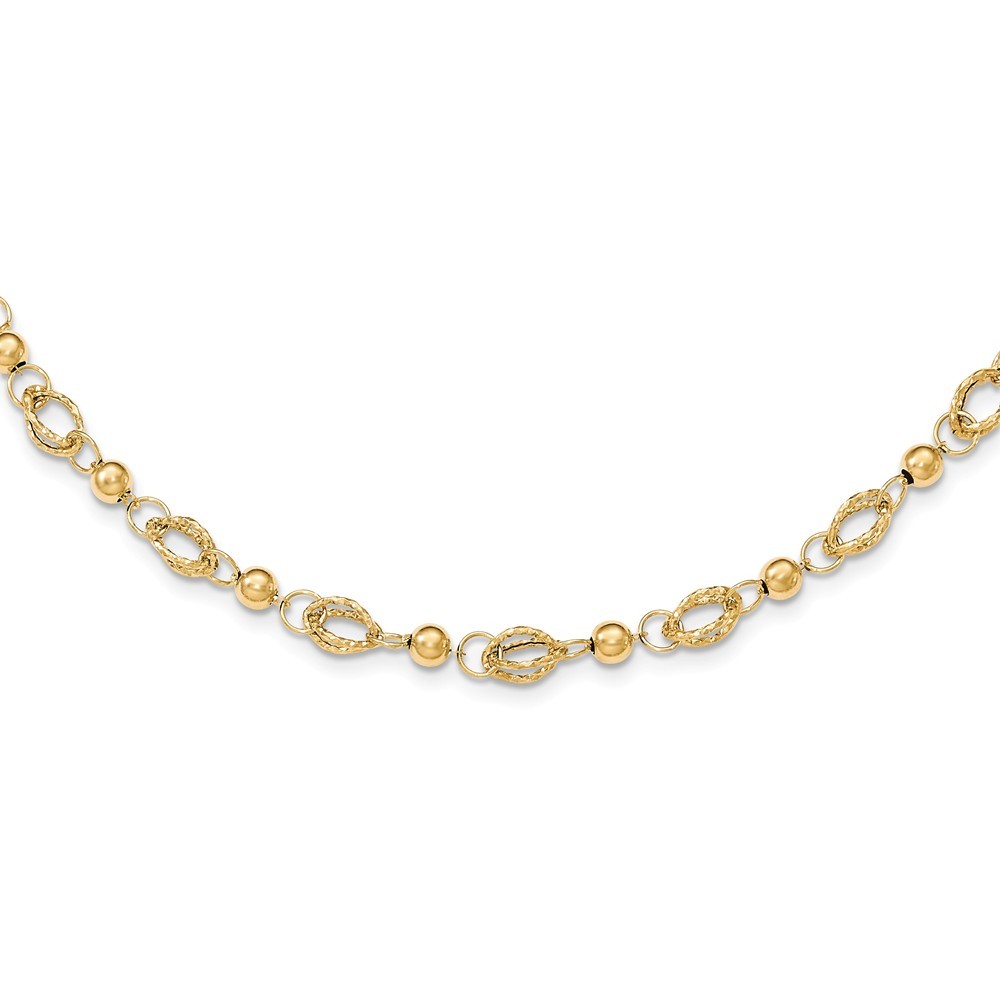 Jewelryweb 14k Yellow Gold Textured Links Polished Beads Necklace - 16.5 Inch