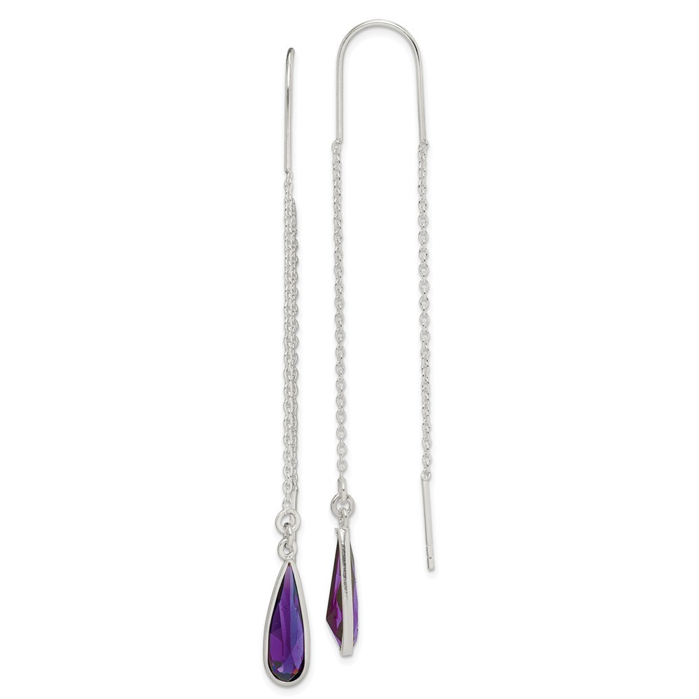 Jewelryweb Sterling Silver Purple Cubic Zirconia Teardrop Threader Earrings - Measures 73x6mm Wide