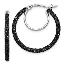 Jewelryweb Sterling Silver Rhodium and Black Glitter Enamel Glitter Hoop Earrings - Measures 26x26mm Wide 2mm T