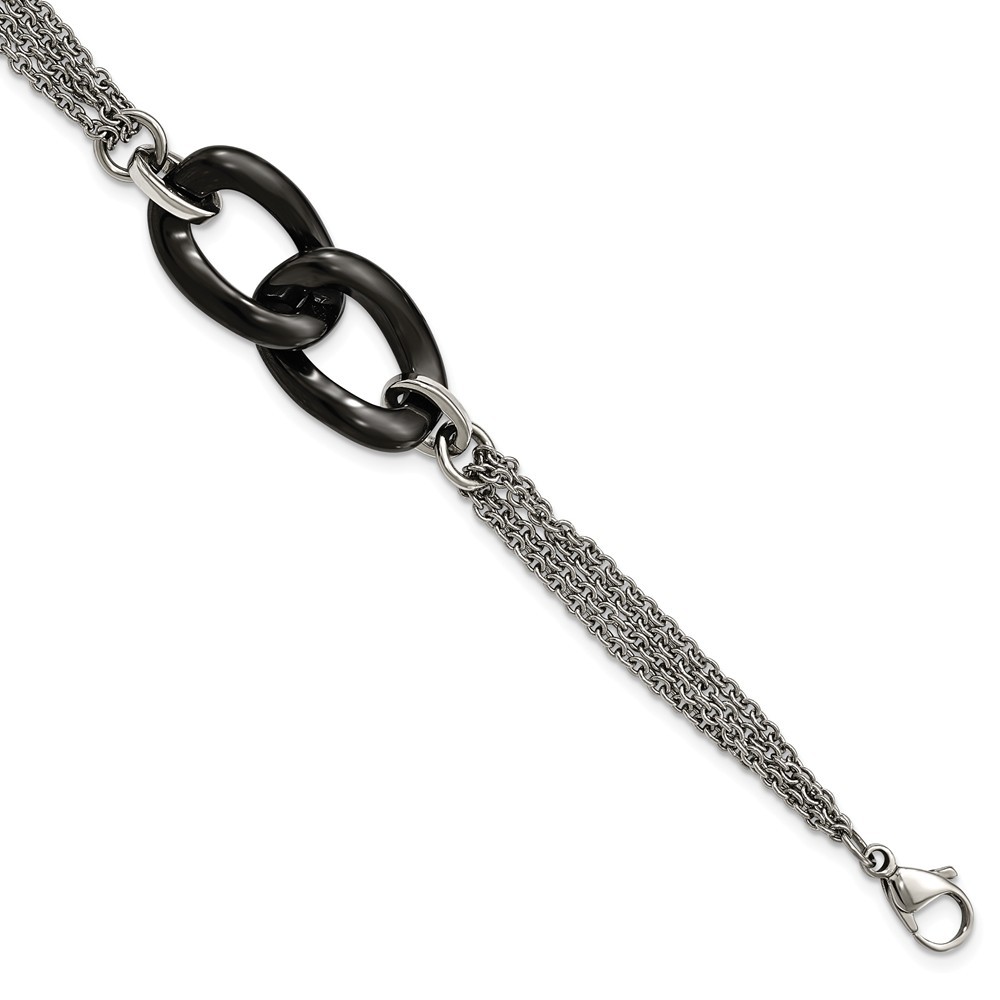Jewelryweb Stainless Steel and Black Ceramic Polished With .75inch Ext. Bracelet - 7.25 Inch