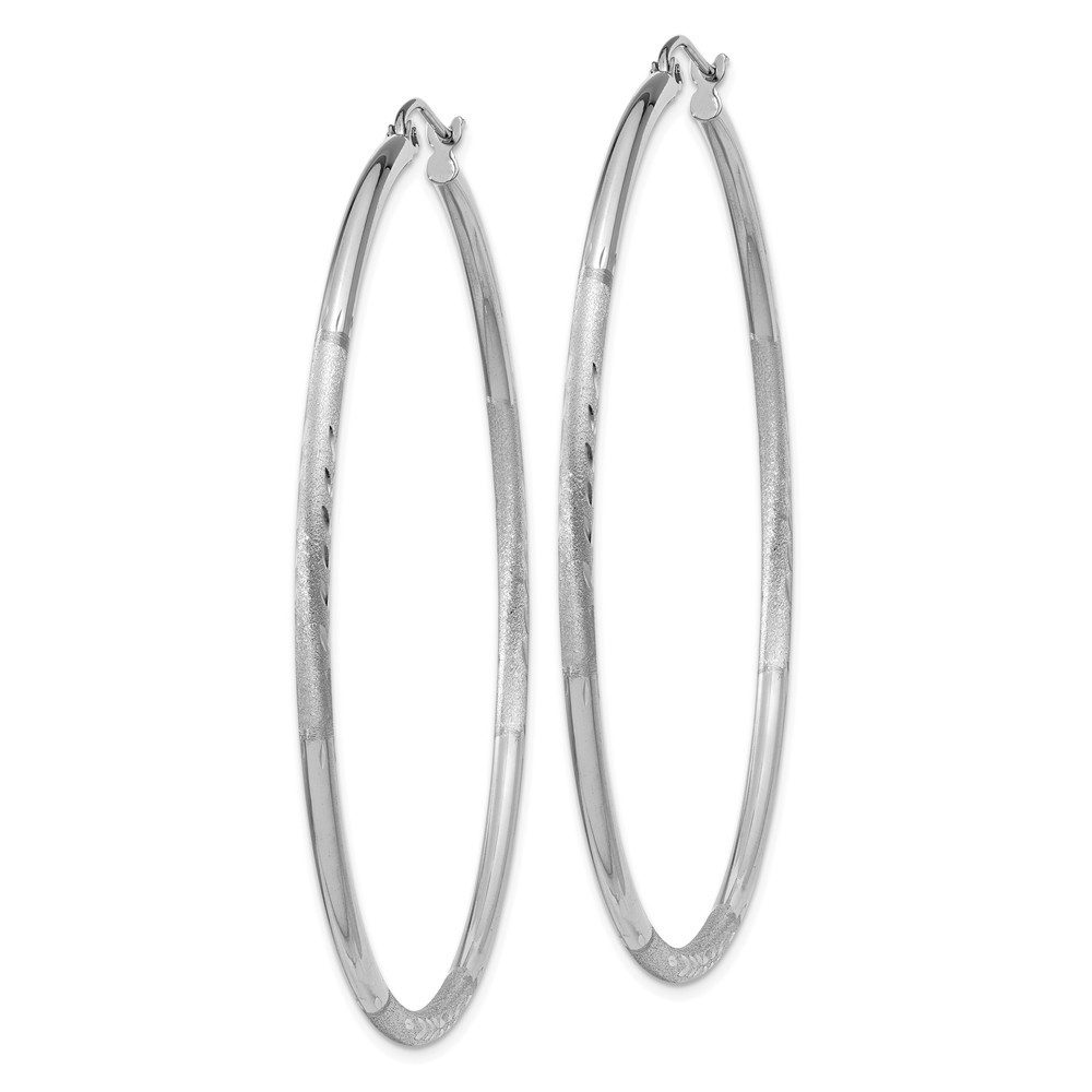 Jewelryweb 14k White Gold Satin and Sparkle-Cut 2mm Round Hoop Earrings - Measures 52x52mm