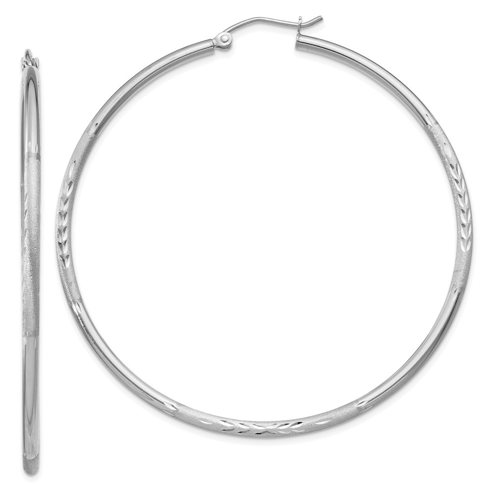 Jewelryweb 14k White Gold Satin and Sparkle-Cut 2mm Round Hoop Earrings - Measures 52x52mm