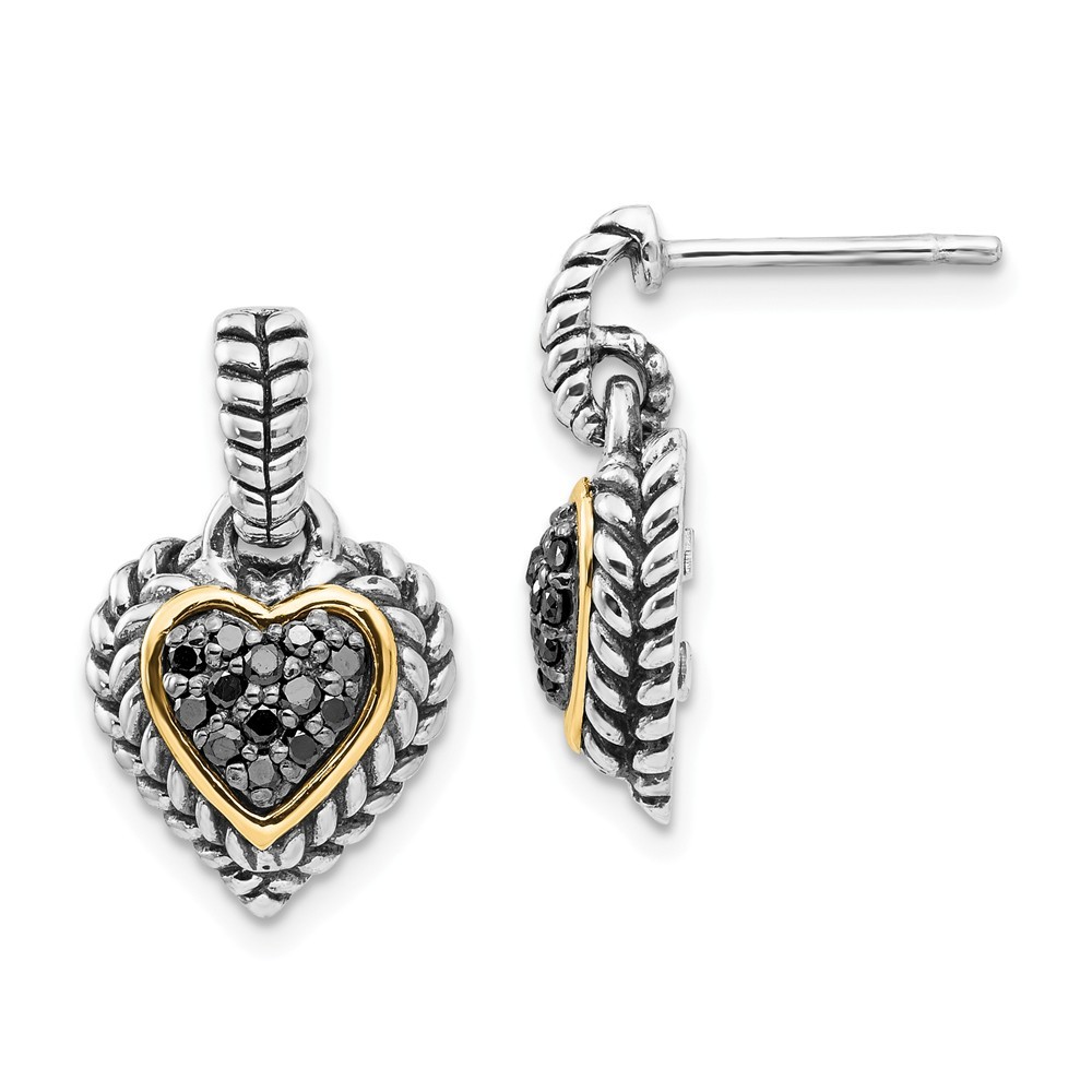 Jewelryweb Sterling Silver 14k Yellow Black Diamond Heart Drop Earrings - Measures 17x11mm Wide