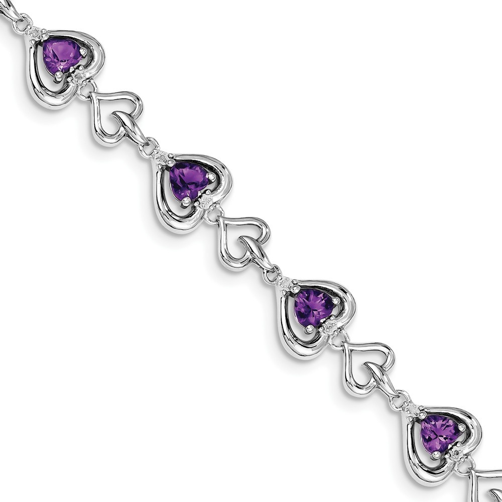 Jewelryweb Sterling Silver Diamond and Heart Link Amethyst Bracelet - Measures 11mm Wide