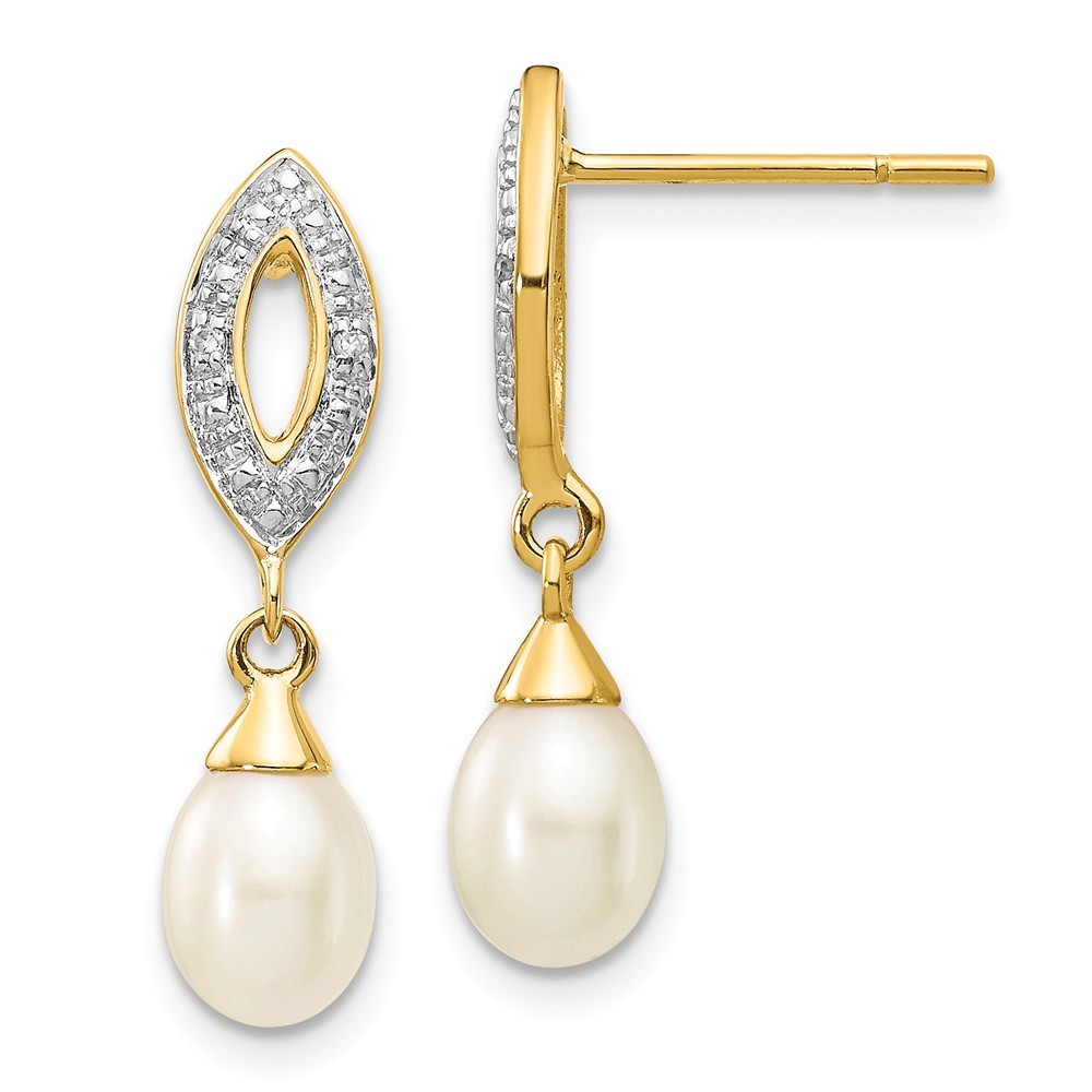 Jewelryweb 14k Yellow Gold Diamond and Freshwater Cultured Pearl Post Dangle Earrings - Measures 22x6mm Wide