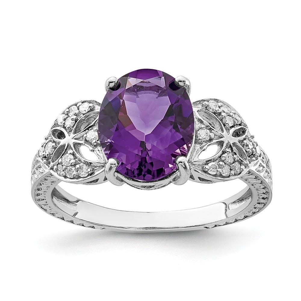 Jewelryweb Sterling Silver Oval Amethyst and Diamond Ring - Size 7