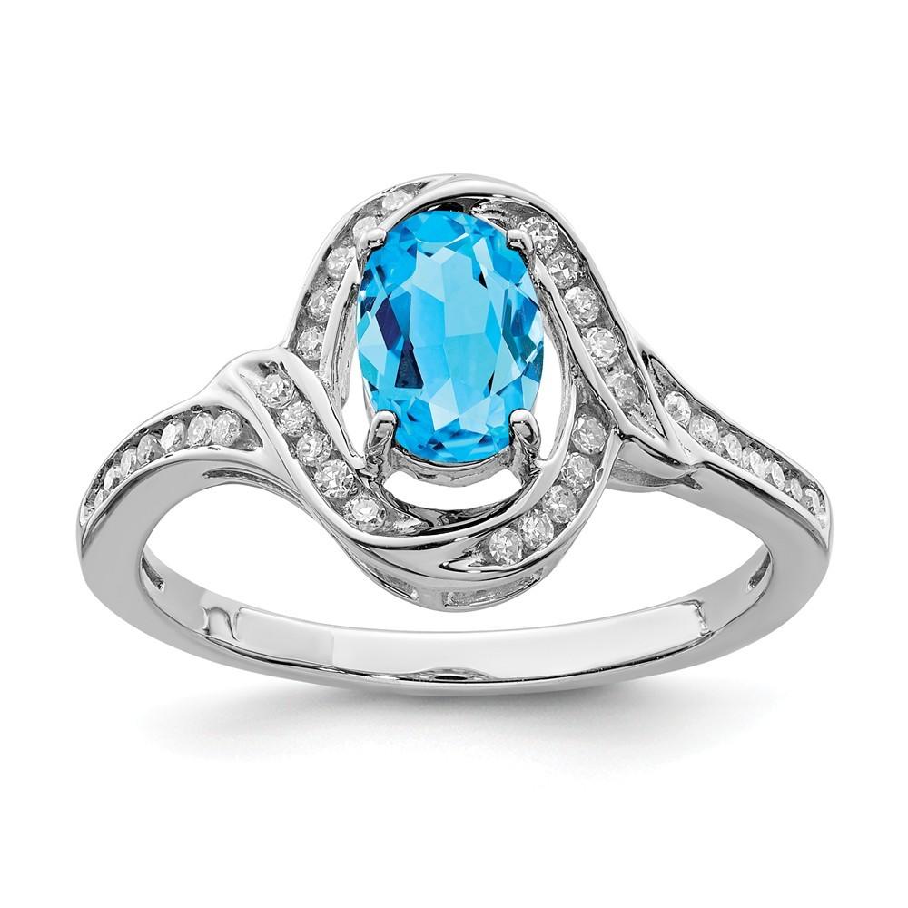 Jewelryweb Sterling Silver Oval Blue Topaz and Diamond Ring - Size 7