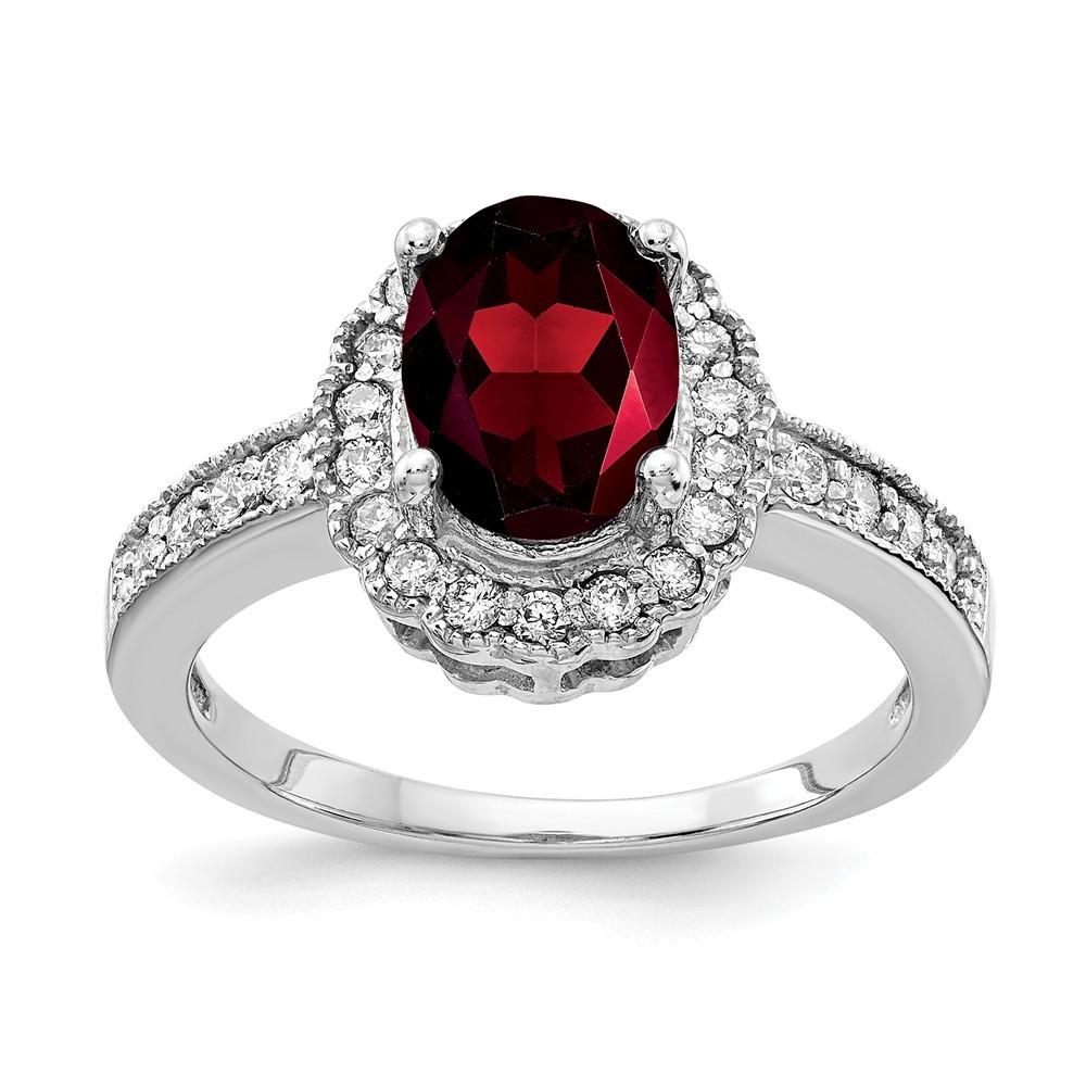 Jewelryweb 14k White Gold 8x6mm Oval Garnet Diamond Ring - Size 6.00