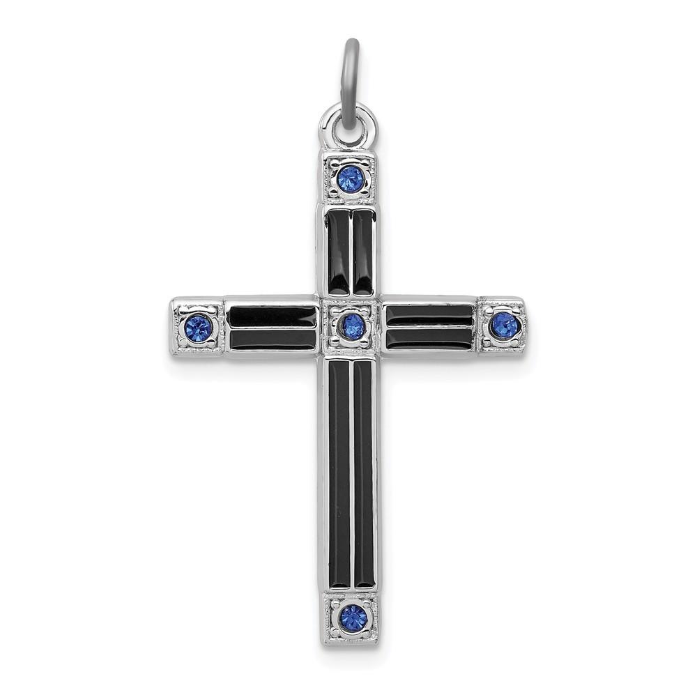 Jewelryweb Sterling Silver Black Enameled Cross Pendant With Blue Cubic Zirconia