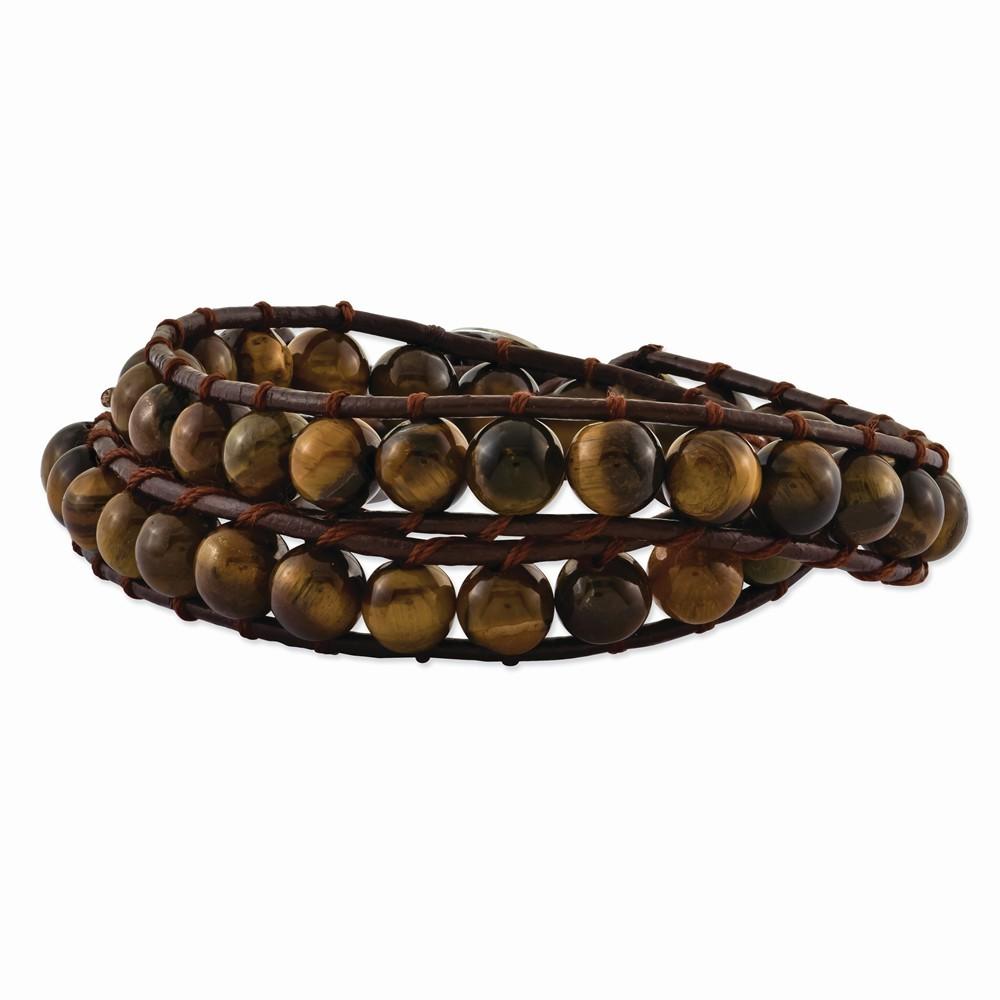 Jewelryweb Stainless Steel 6mm Brown Beads and Leather Cord Multi Wrap Bracelet