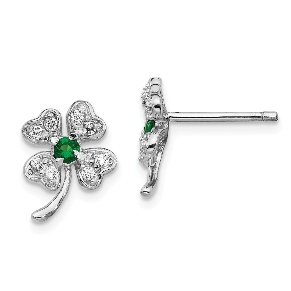 Jewelryweb Sterling Silver Simulated Emerald Cubic Zirconia 4-leaf Clover Post Earrings