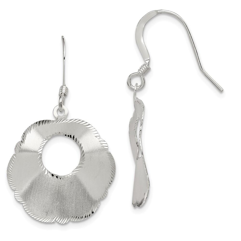 Jewelryweb Sterling Silver Polished Satin-finish Fancy Sparkle-Cut Shepherd Hook Earrings - Measures 38x23mm Wi