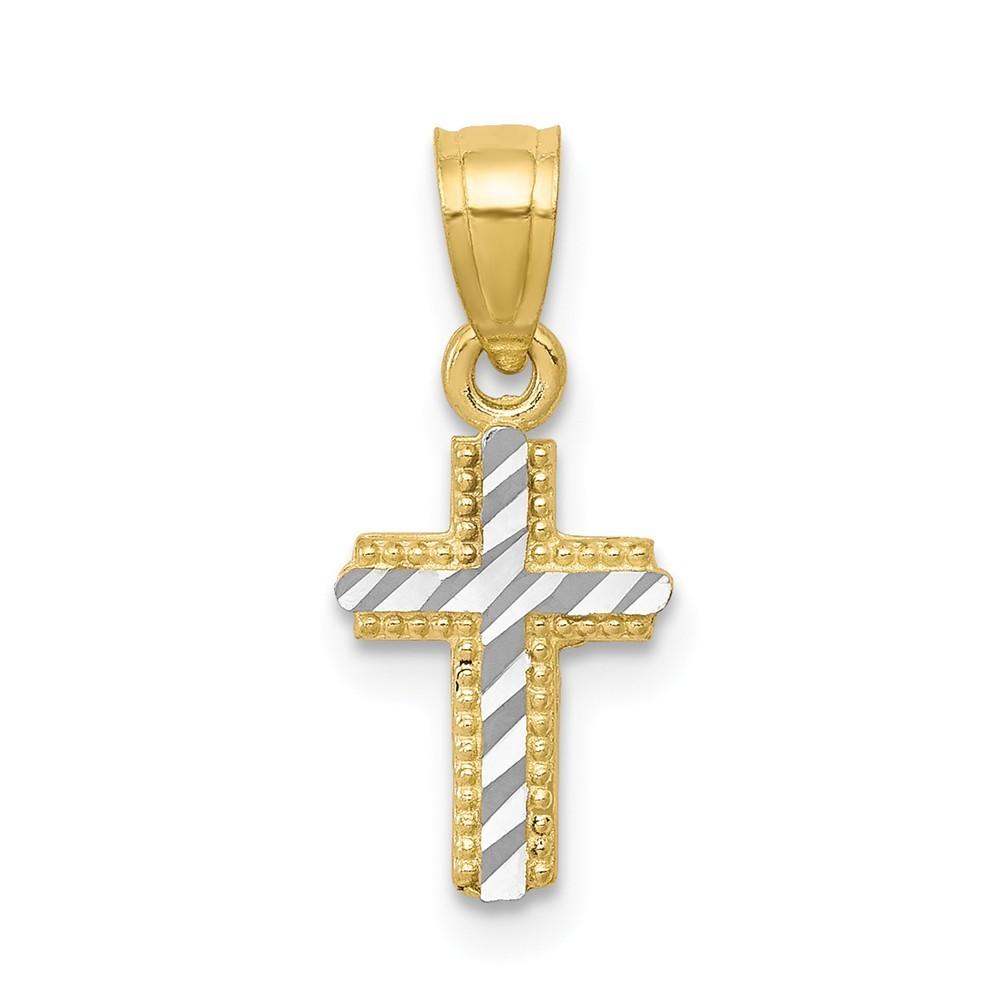 Jewelryweb 10k Yellow Gold and Rhodium Tiny Children Sparkle-Cut Cross Pendant - Measures 16x7mm Wide
