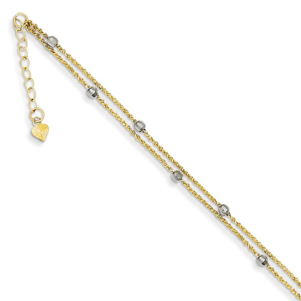 Jewelryweb 14k Two-Tone Gold 2 Stand Spiga Mirror Beads With 1inch Ext Anklet - 9 Inch