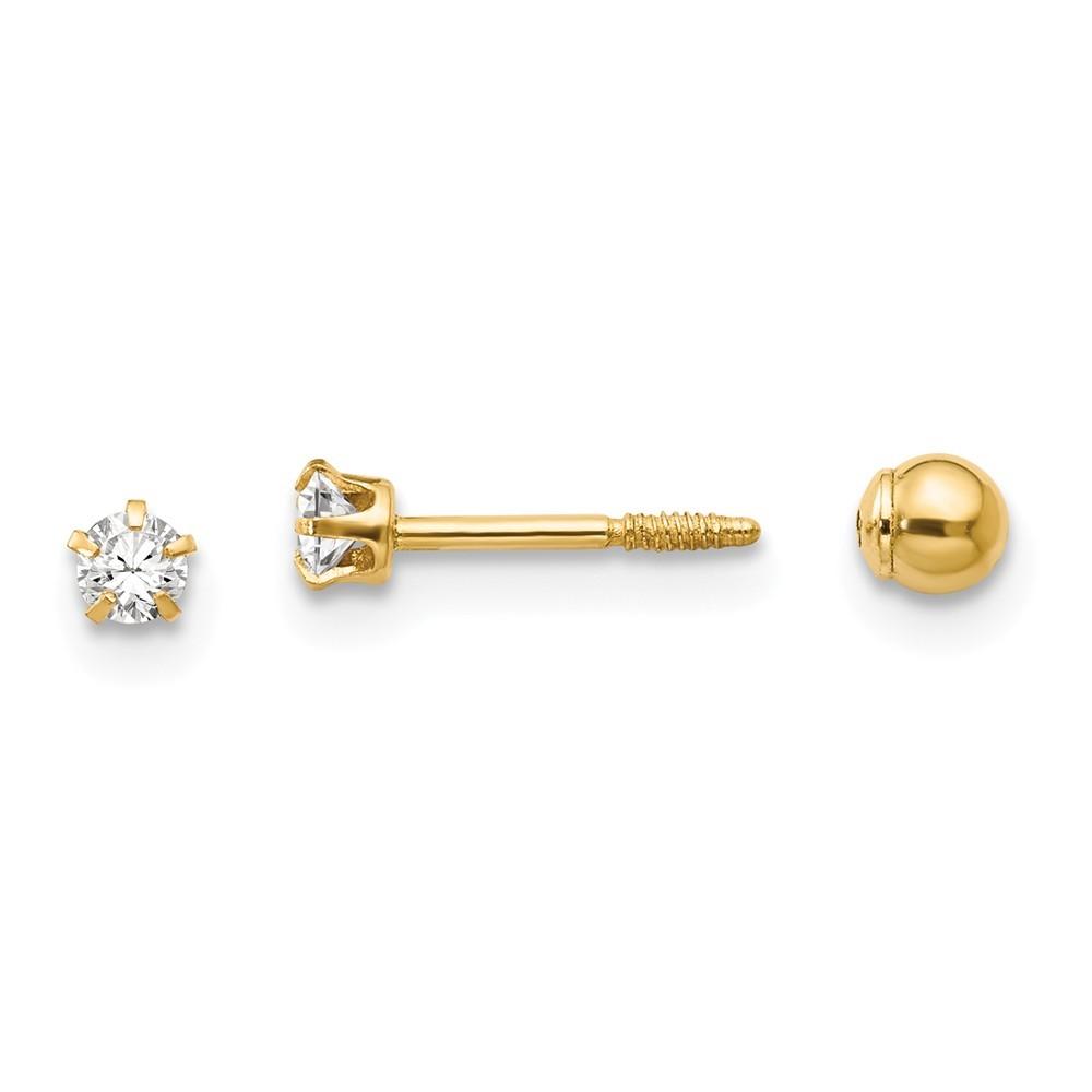 Jewelryweb 14k Yellow Gold Polished Reversible Cubic Zirconia and 3mm ball Children Earrings - Measures 3x3mm