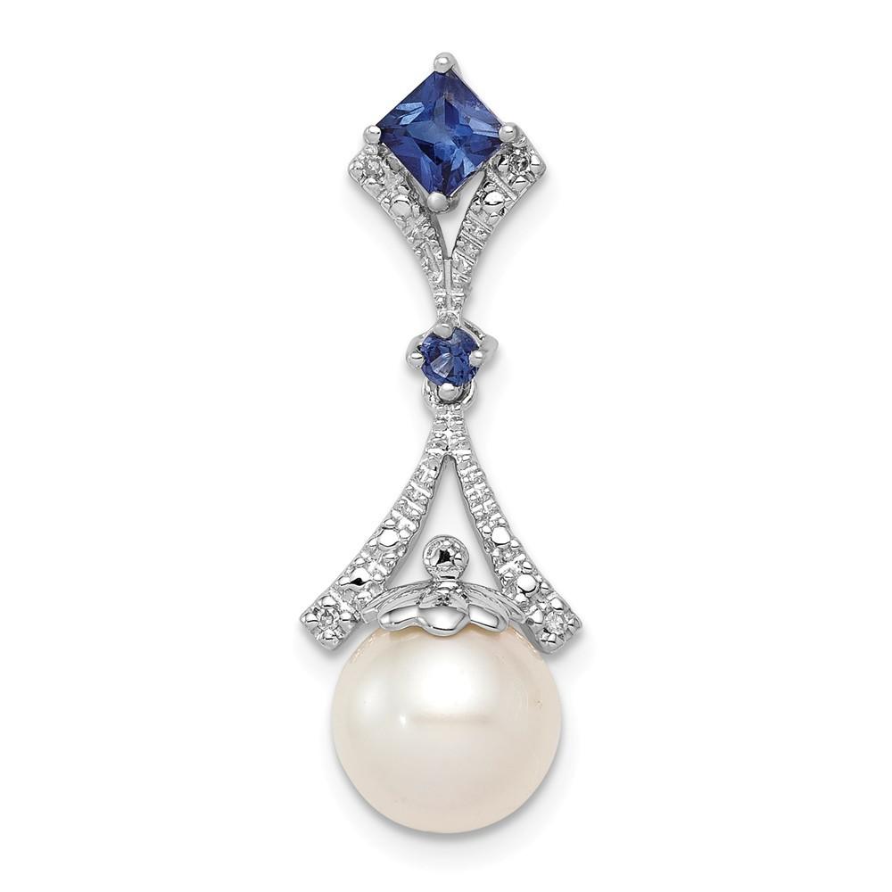 Jewelryweb Sterling Silver Rhodium Plated Diamond Created Sapphire Freshwater Cultured Pearl Pendant - Measures 28x10mm Wide