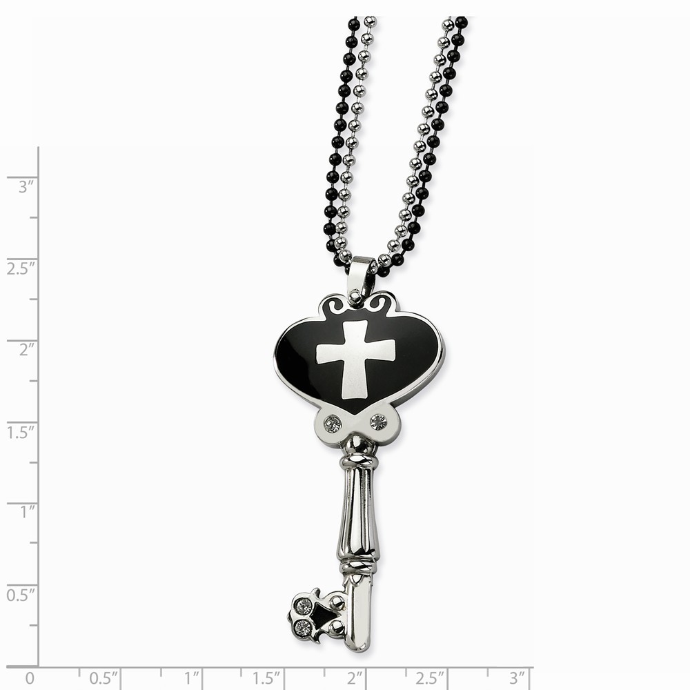 Jewelryweb Stainless Steel Black Enamel Polished Key With Cubic Zirconias Double Chain Necklace - 28 Inch