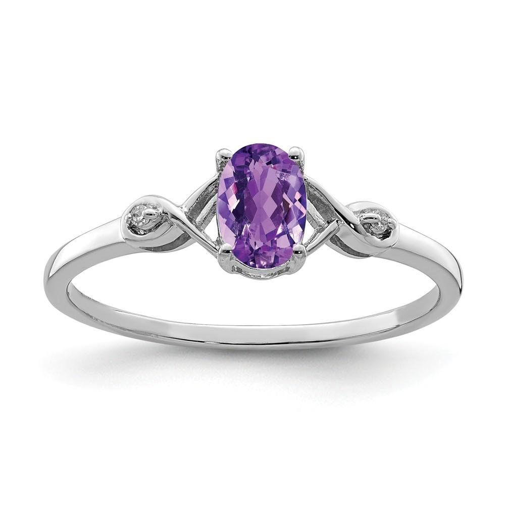 Jewelryweb Sterling Silver Rhodium Plated Diamond and Amethyst Oval Ring - Size 7 - Measures 1mm Wide