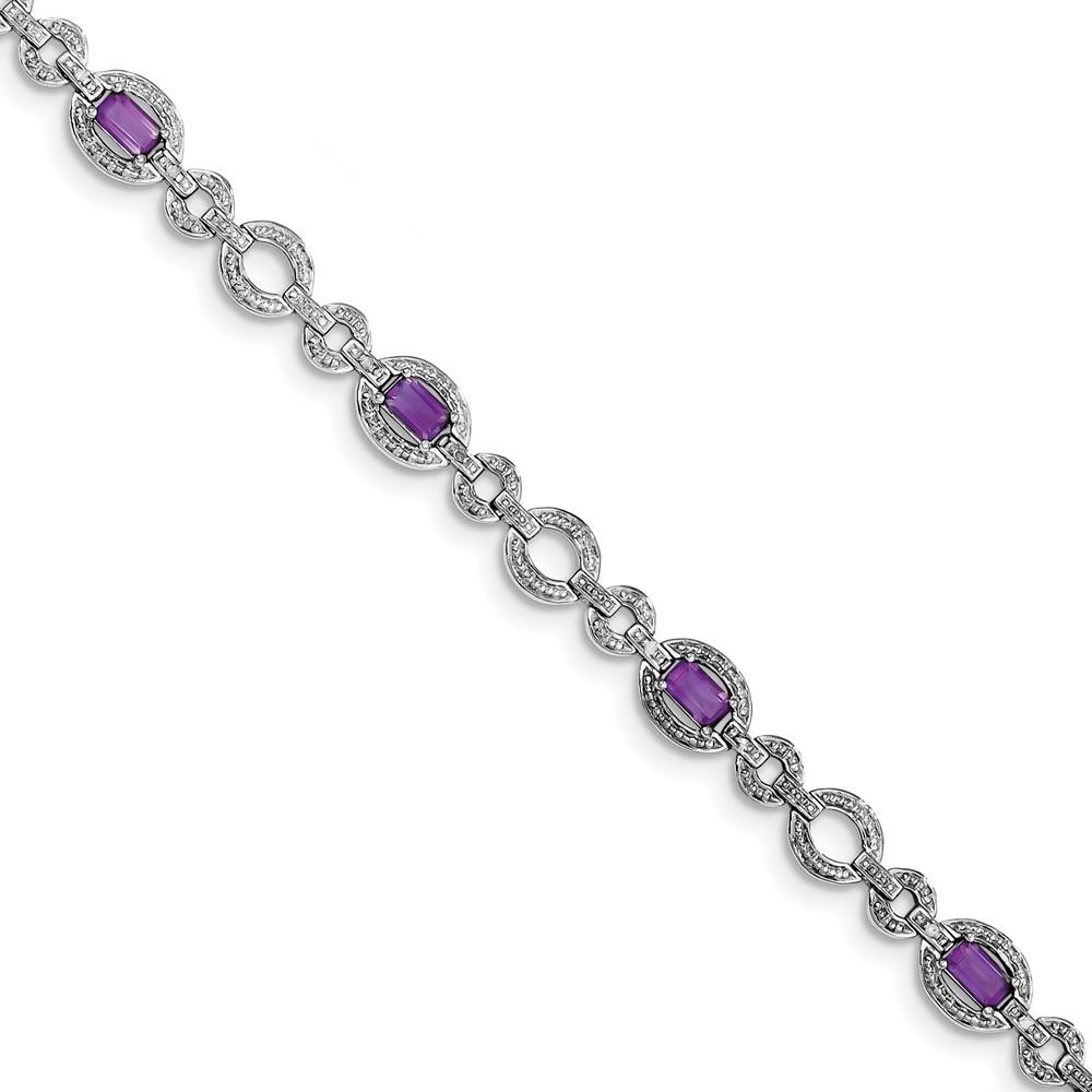 Jewelryweb Sterling Silver Diamond and Amethyst Oval Link Bracelet