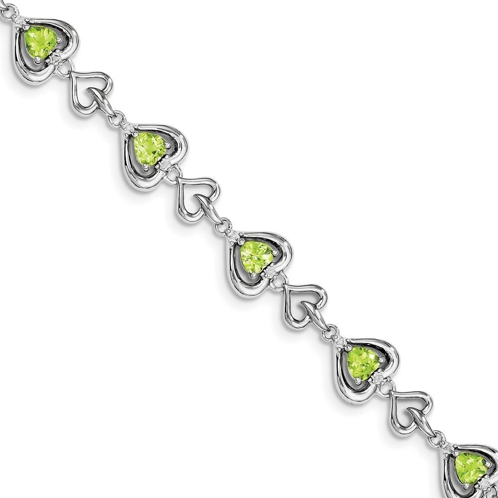 Jewelryweb Sterling Silver Diamond and Heart Link Peridot Bracelet