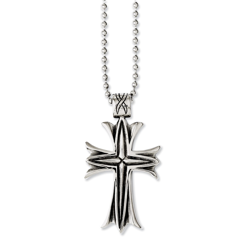 Jewelryweb Stainless Steel Polished and Antiqued Cross 24inch Necklace - 24 Inch