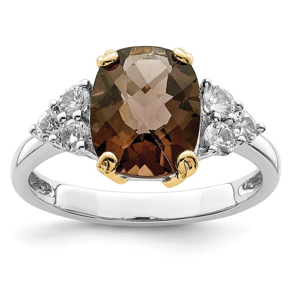 Jewelryweb Sterling Silver and 14K Smokey Quartz and White Topaz Ring - Measures 3x8mm - Size 8
