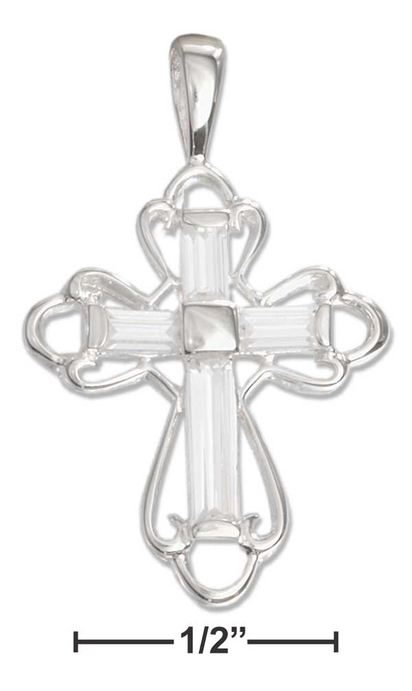 Jewelryweb Sterling Silver Fancy Straight Baguette Cubic Zirconias Cross Pendant