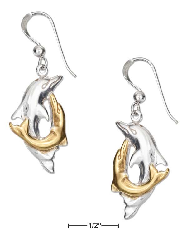 Jewelryweb Sterling Silver Two Tone Double Dolphin Earrings French Wires