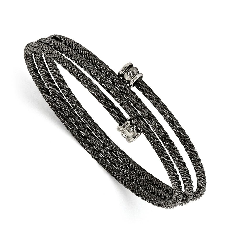 Jewelryweb Stainless Steel Black Wire Adjustable with Cubic Zirconias Wrap Bangle Bracelet