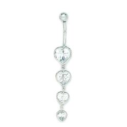 Jewelryweb 14k White Gold CZ 14 Gauge Dangling Multihearts Body Jewelry Belly Ring - Measures 51x9mm