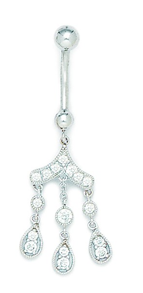 Jewelryweb 14k White Gold Cubic Zirconia 14 Gauge Dangling Drops Body Jewelry Belly Ring - Measures 44x17mm