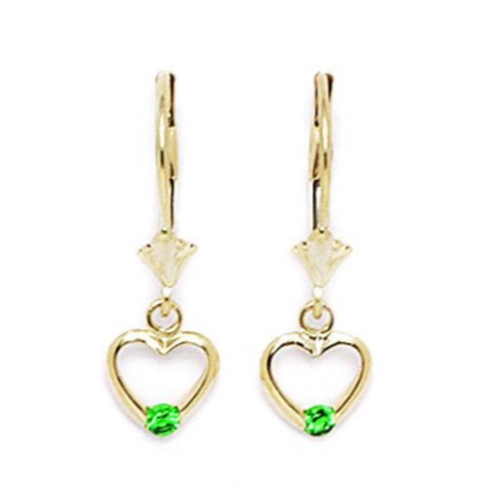 Jewelryweb 14k Yellow Gold May Birthstone Emerald 2x2mm CZ Heart Drop Leverback Earrings - Measures 25x7mm