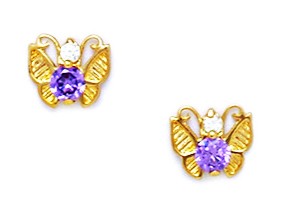 Jewelryweb 14k Yellow Gold Purple 3x3mm Cubic Zirconia Butterfly Screw-Back Earrings - Measures 6x7mm