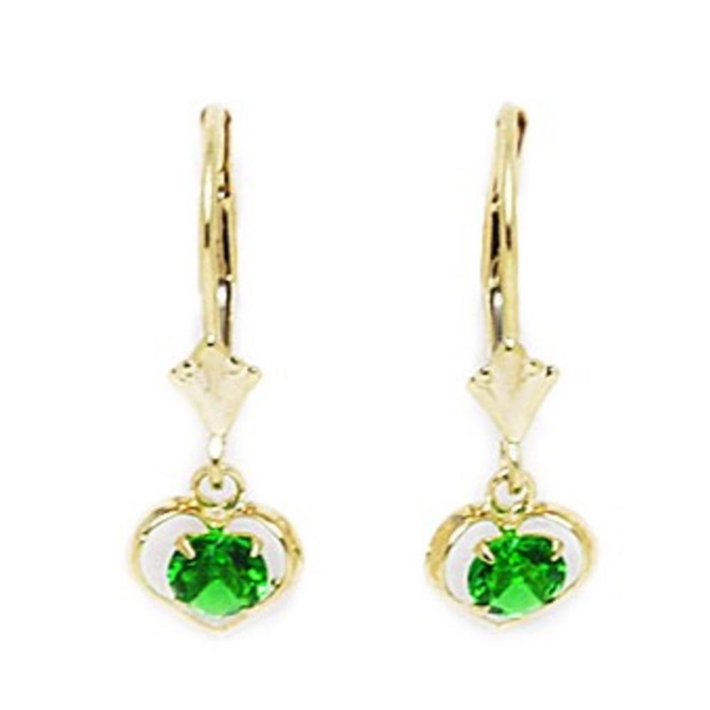 Jewelryweb 14k Yellow Gold May Birthstone Emerald 4x3mm CZ Heart Drop Leverback Earrings - Measures 22x7mm