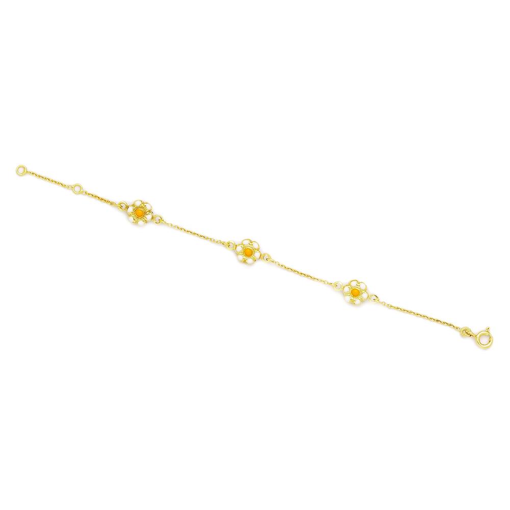 Jewelryweb 14k Yellow Gold 5.75 Inch Adjustable Three Flower Enamel Baby Id Bracelet - Measures 7mm
